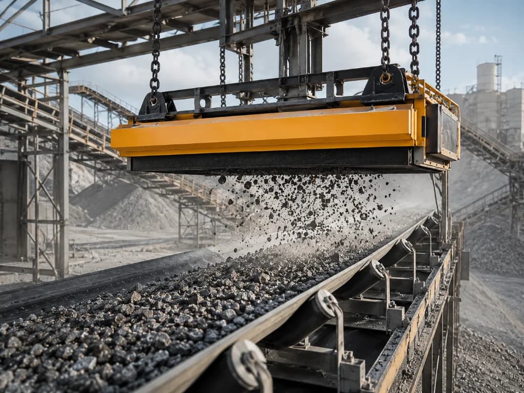 Tramp metal control above an aggregate conveyor before a crusher